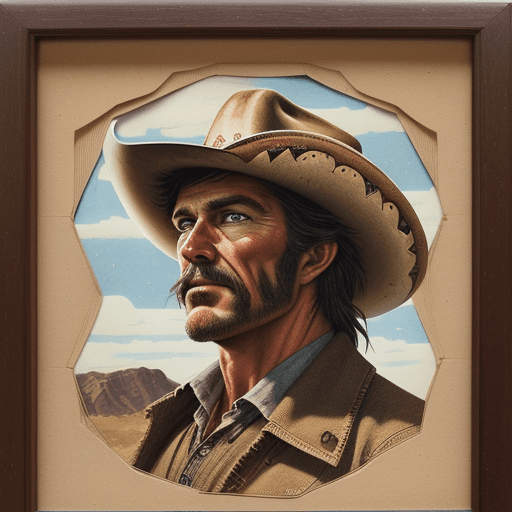 AI generated: Very finely detailed 2-dimensional papar collage, featuring the face of a weatherworm western cowboy...