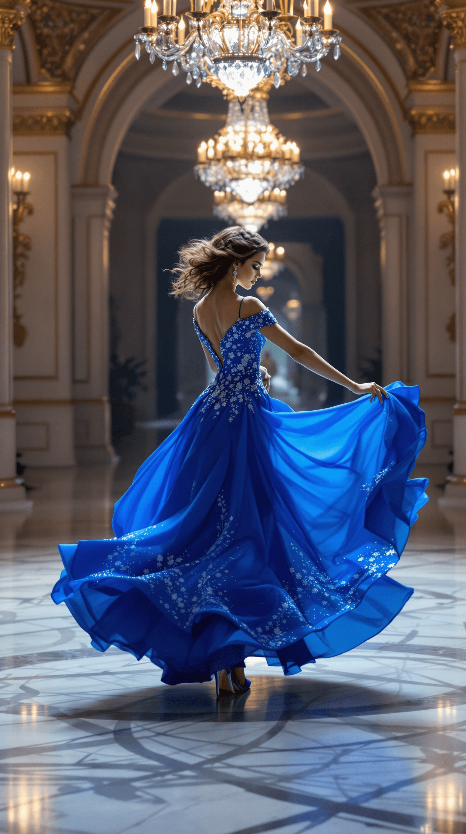 AI generated: /imagine prompt: The woman in a royal blue ballgown with intricate beading, dancing gracefully in th...