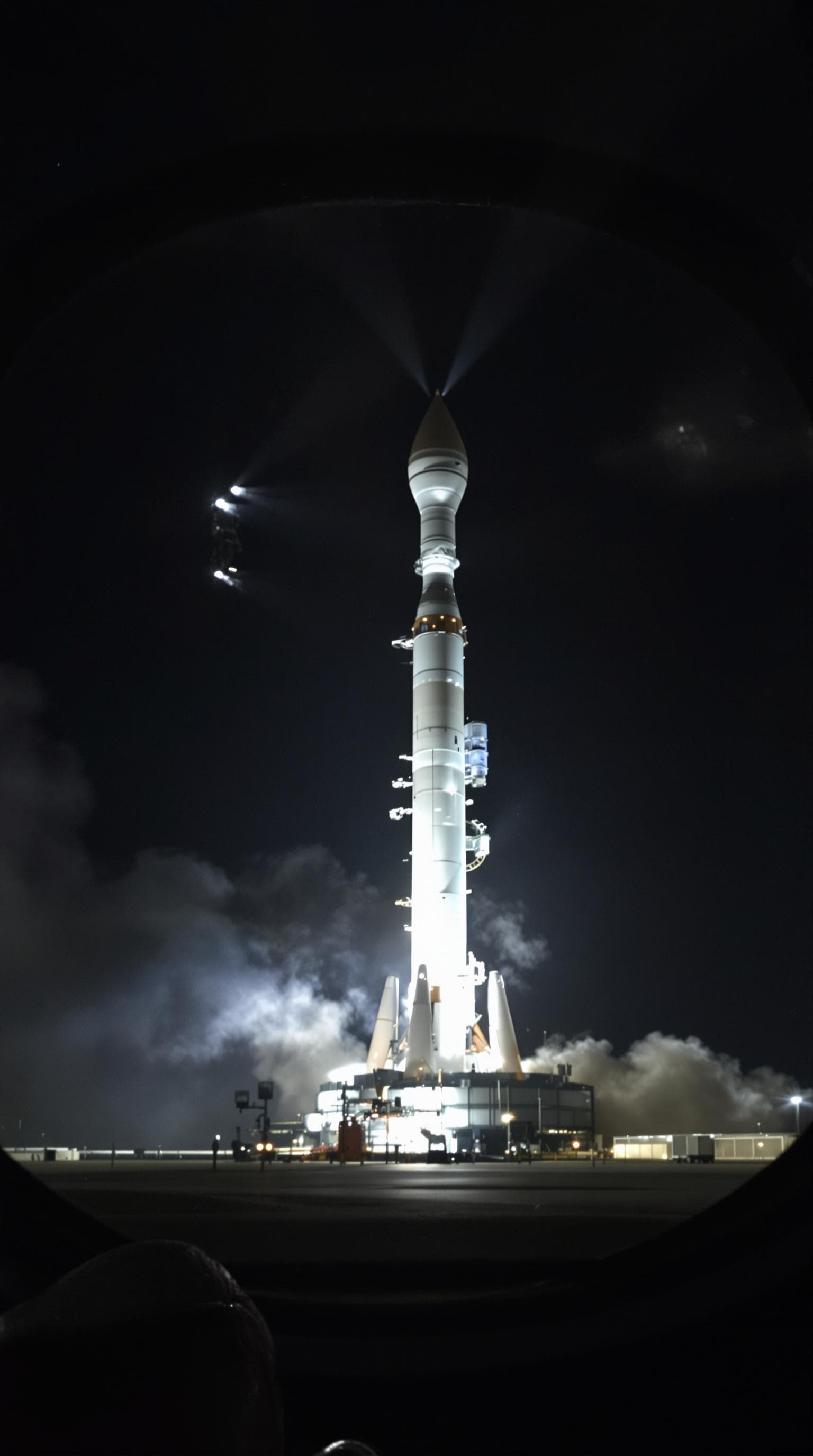 AI generated: First person POV from transfer van window, white boots on seat, Saturn V rocket illuminated by spotl...