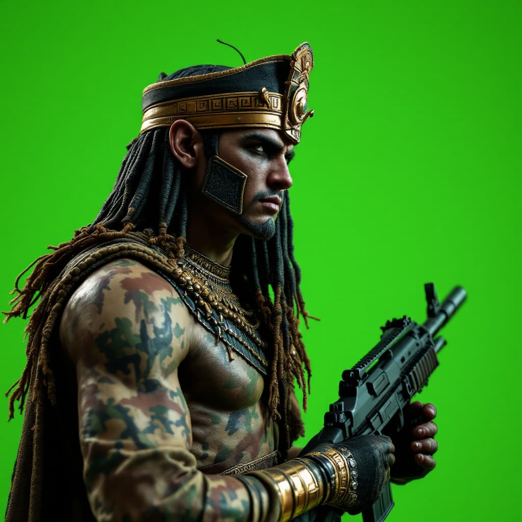 AI generated: "Ancient Egyptian warrior, wearing camouflage clothing, holding a modern weapon or rifle, green scre...