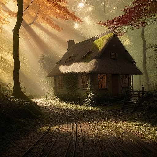 AI generated: deep in a dense forest, shafts of late aftenoon sunlight coming through the leaves, leaves and puddl...