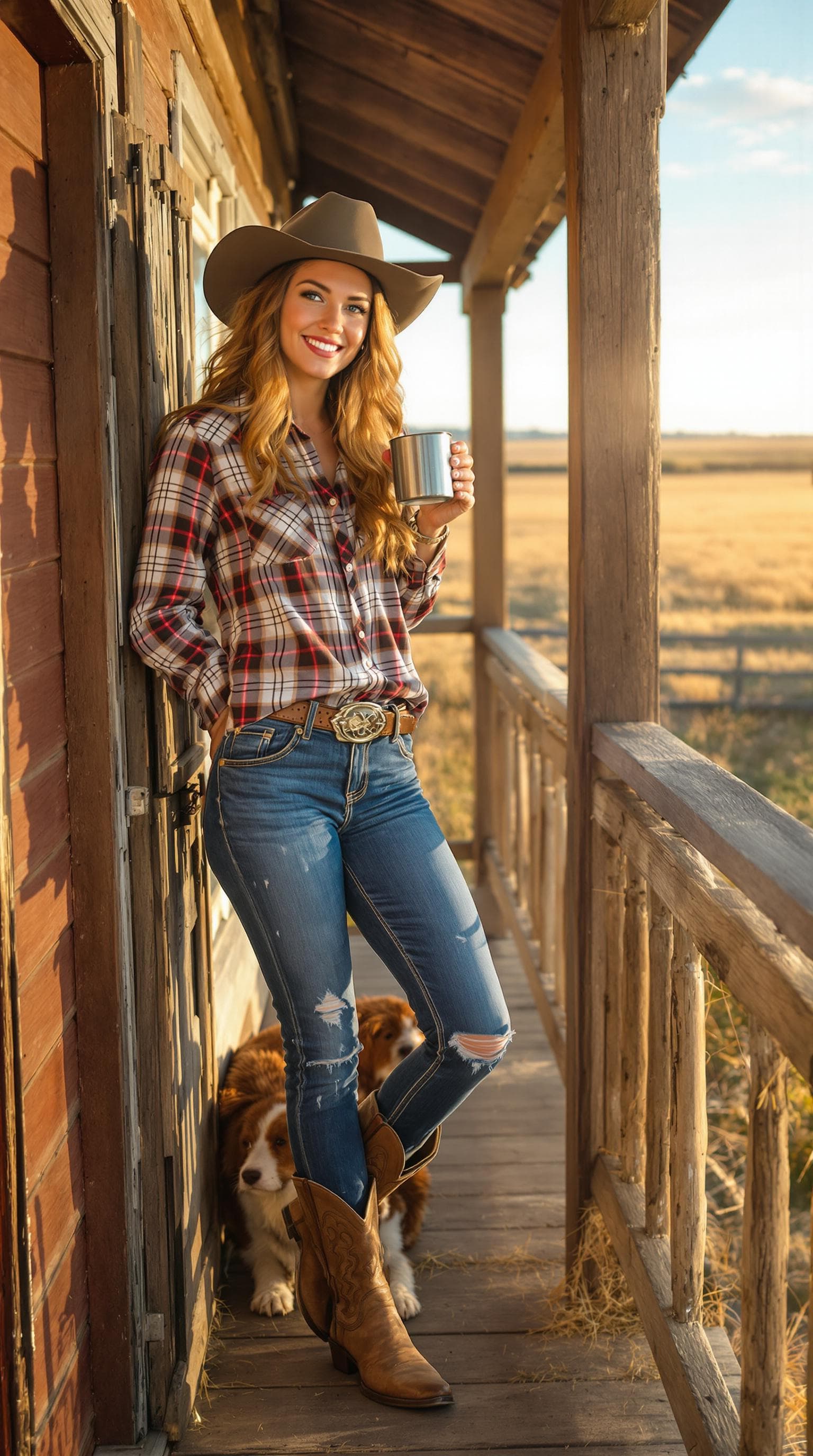 AI generated: A hyper-realistic full-body shot of Savannah Blake, a 27-year-old rancher from Amarillo, Texas, stan...