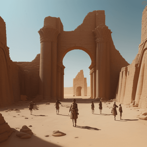 AI generated: /imagine prompt: In the heart of an ancient desert citadel, a band of contemporary adventurers embar...