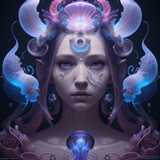 AI generated: Goddess close-up portrait ribcagel. jellyfish phoenix head, nautilus, orchid, skull, betta fish, bio...