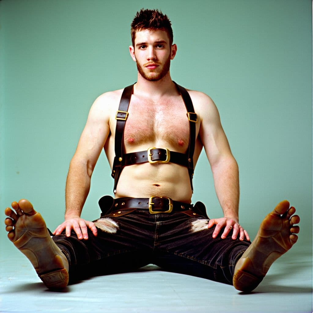 AI generated: DavidCorenswet posing as a male pinup model wearing only leather bdsm strapped body harness. Hairy c...