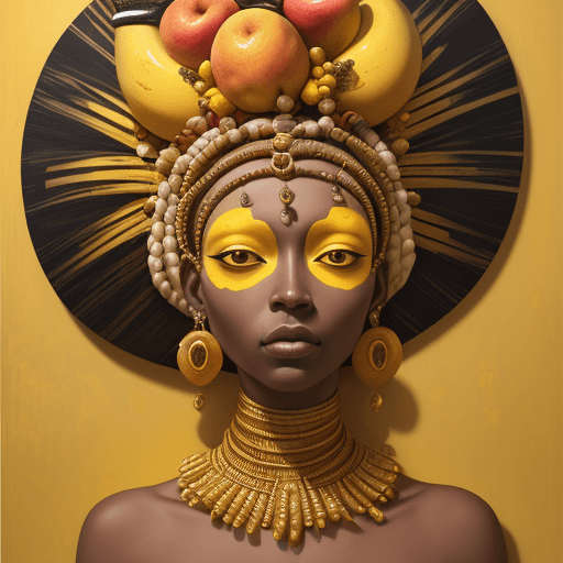AI generated: a mural of woman on a yellow wall with fruit on her head, in the style of ingrid baars, 32k uhd, ben...