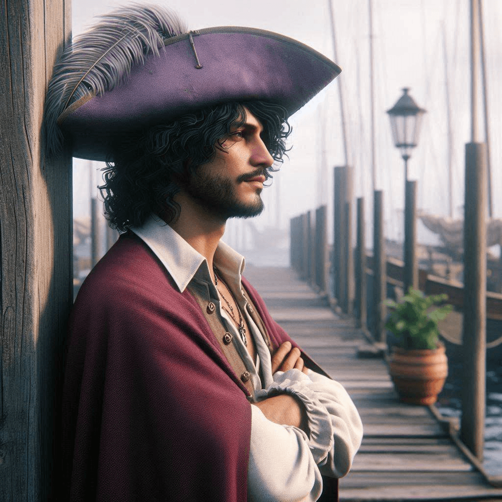 AI generated: Cinematic professional 3D animation of a Spanish pirate with black curly hair in a purple hat with a...