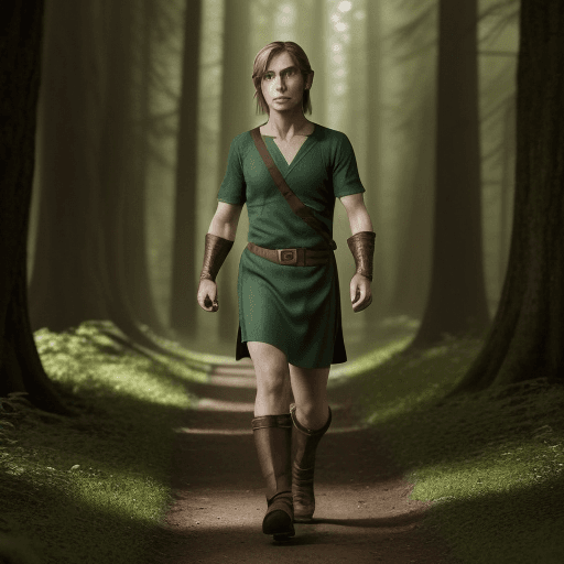 AI generated: (full body shot of link walking in forest, green eyes), (green eyes:1.2), masterpiece art, stunning ...