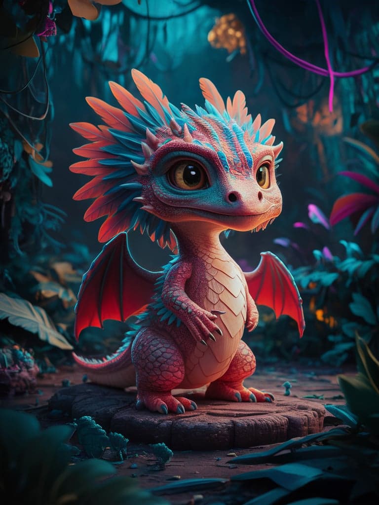 AI generated: cute Quetzalcoatl small feathered dragon. Cute eyes. Cute fantasy creature. Bioilluminescent Jungle ...
