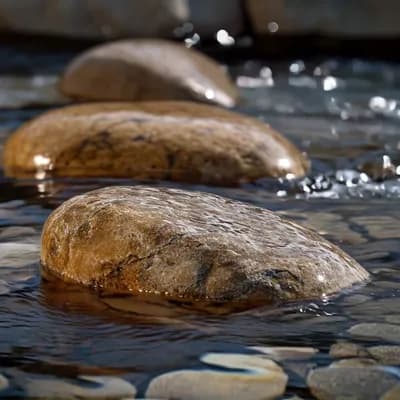 AI generated video: Water flows over rocks in a river