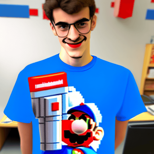 AI generated: un etudiant en informatique, façon cartoon super mario, avec un t-shirt avec "CRIC TSSR" écrit en gr...