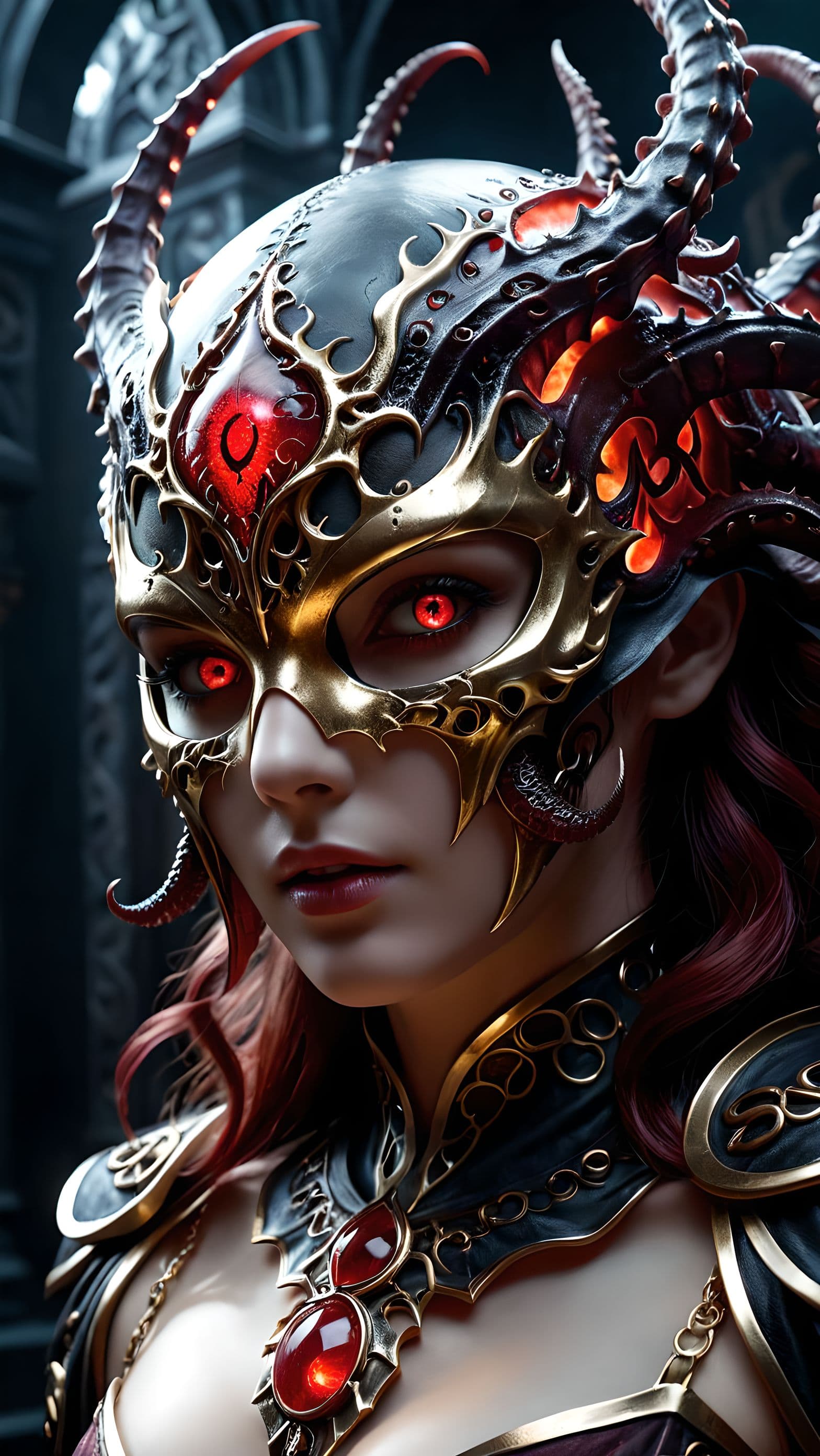 AI generated: female idol, Abyss Devourer’s Mask, golden mask, A terrifying mask that radiates pure darkness, its ...