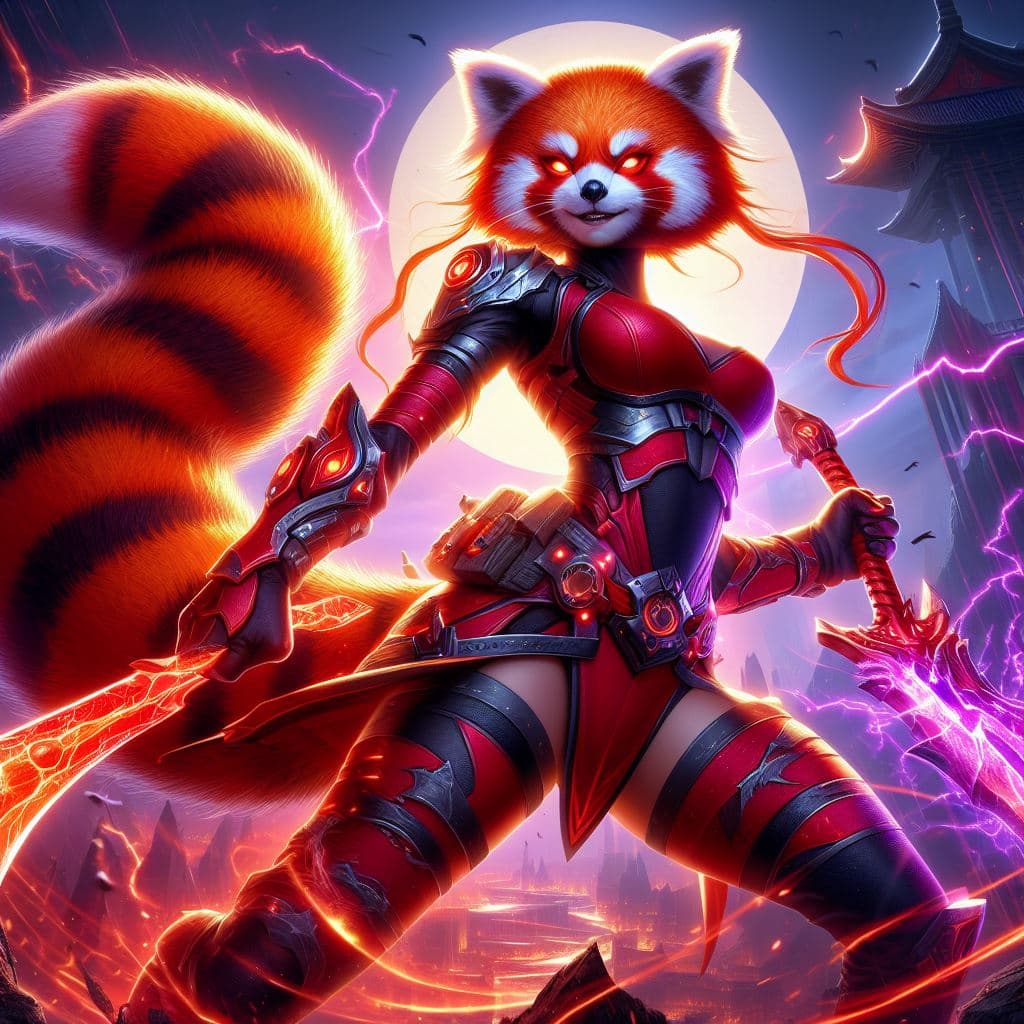 AI generated: Female red panda warrior's vibrant fur is lustrous, fighting at war, extreme rage, berserk, charging...