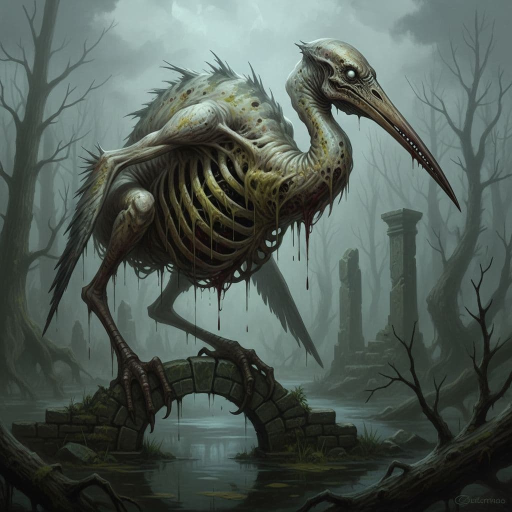 AI generated: A horrifying swamp creature resembling a giant bird, but without feathers, its body covered in pale,...