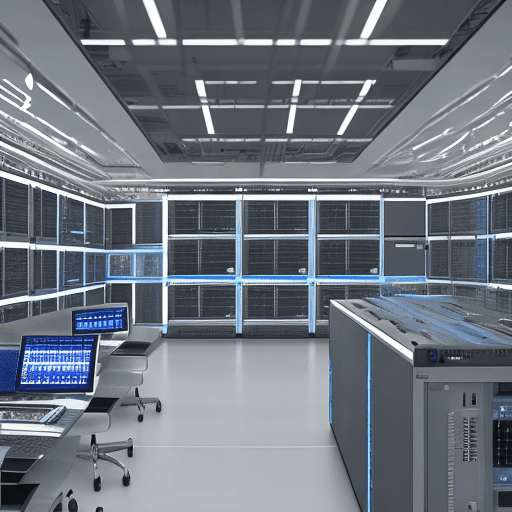 AI generated: In this modern technology-themed image, a high-tech server room is revealed before us. The room is m...