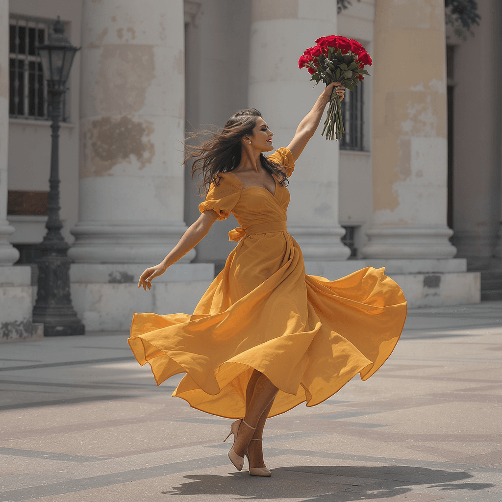 AI generated:  woman dancing with bunch of red roses 