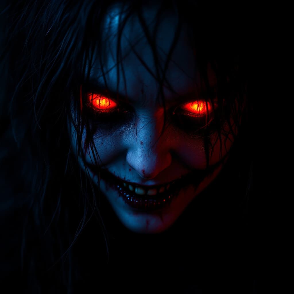 AI generated: in darkness, dark, demonic girl's face, glowing red eyes, long mess hair, disfigured,smile  brutal c...