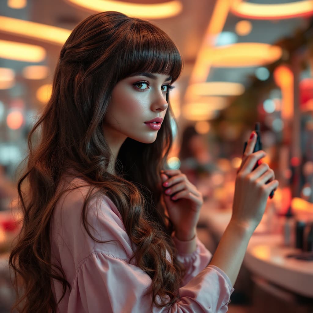 AI generated: young girl , long, long hair in a retro futuristic hair salon. with a retrofuturistic device curling...
