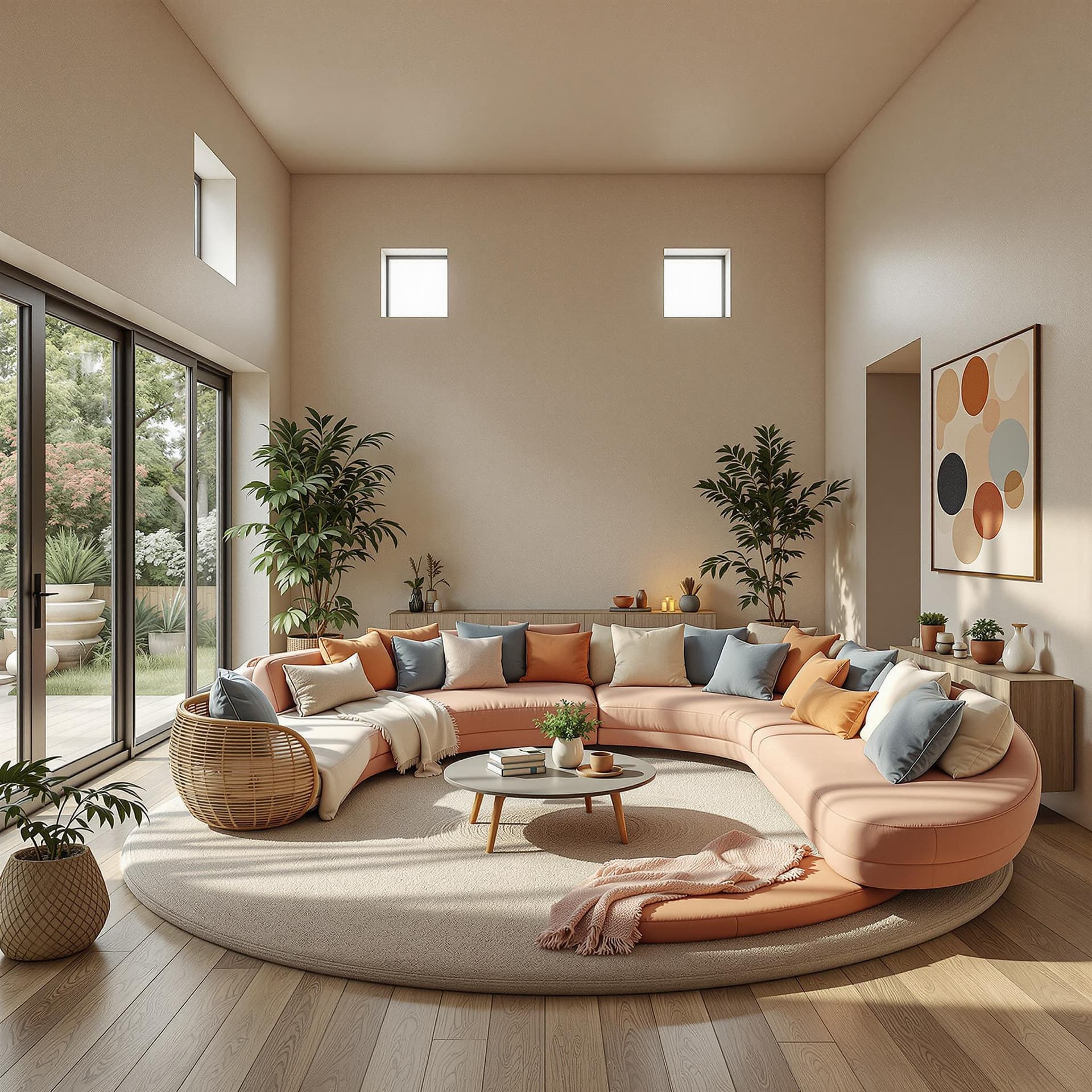 AI generated: High resolution photography interior design, dreamy sunken living room conversation pit, wooden floo...