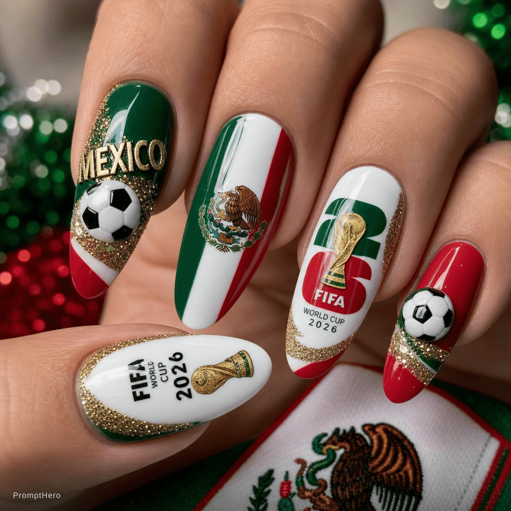 AI generated: Close-up macro photo of glamorous nail art, [mexico] World Cup 2026 theme, nails painted in [FLAG CO...