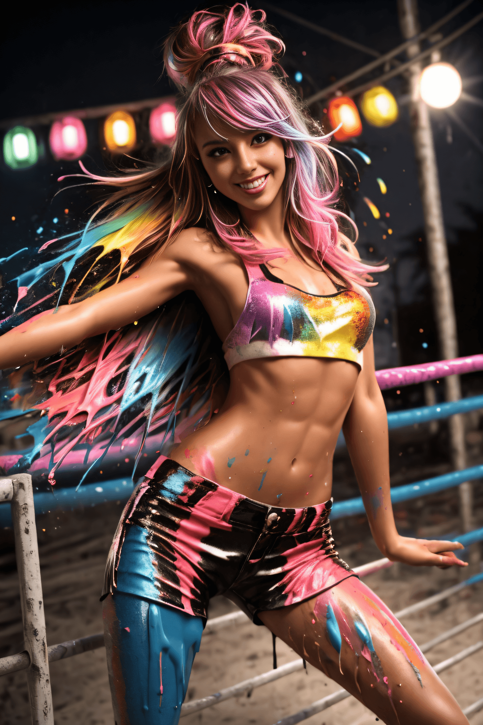 AI generated: Glamour photography photo of a Teenage girl, skinny, abs, flat chest, small breasts, Midriff-baring ...