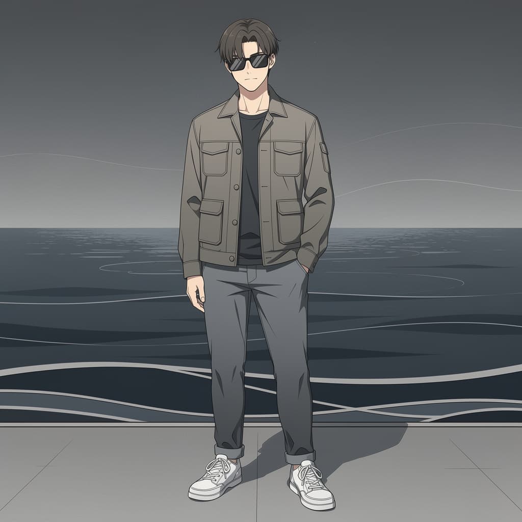 AI generated: a guy wearing sunglasses posing in front of the ocean, in the style of dark gray and dark azure, cur...
