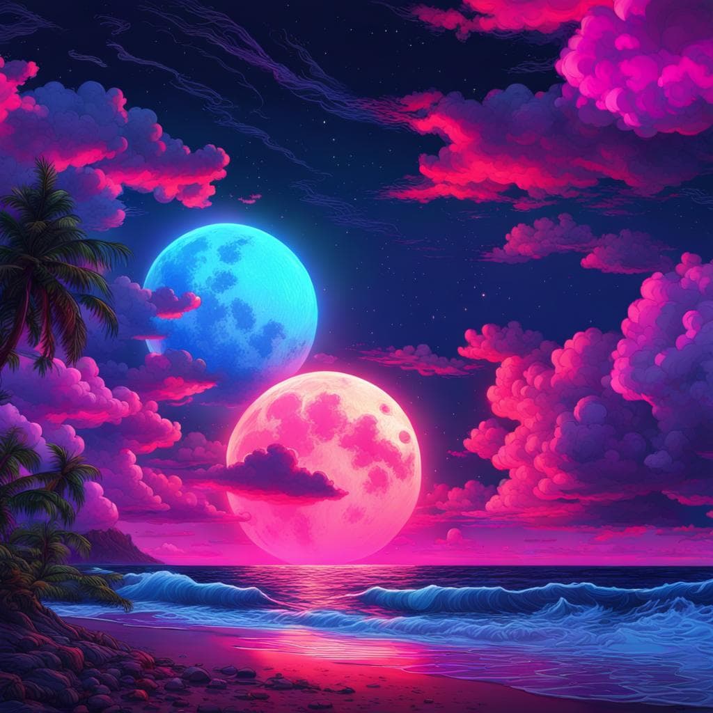 AI generated: neon light art, in the dark of night, moonlit seas, clouds, moon, stars, colorful, detailed, 8k, ult...