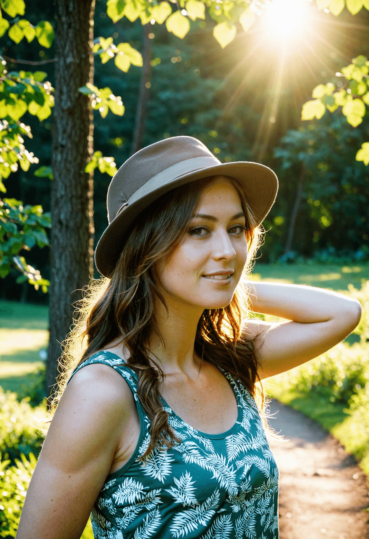 AI generated: cinematic photo young cheerful woman walking in green park wearing a gorgeously detailed tank top an...