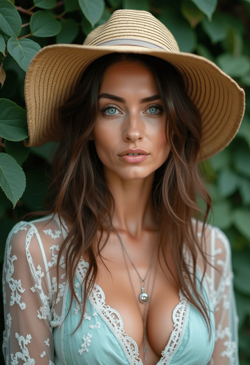 AI generated: photograph of a beautiful middle aged eastern European woman with light blue eyes, vivid rose and aq...