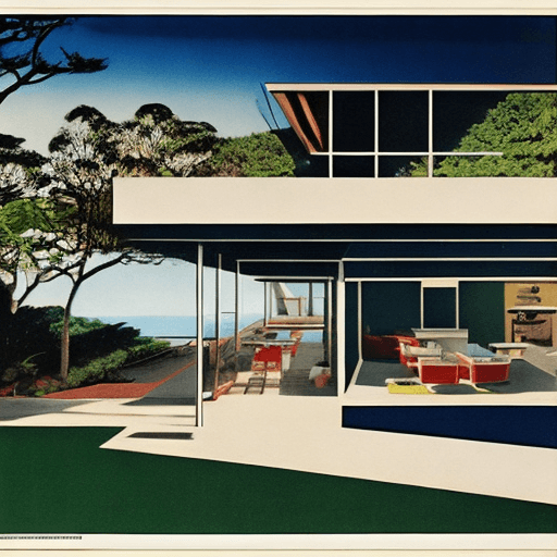 AI generated: boys Hyper realistic eye level exterior photo of a mid century modern style house overlooking the oc...