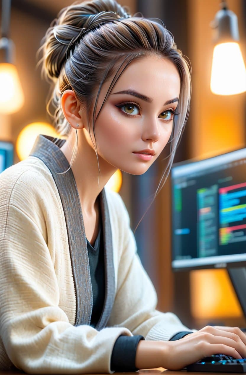 AI generated: Photo of a (programmer:1.3) works at a computer, who are zen and calm, photography, detailed skin, r...