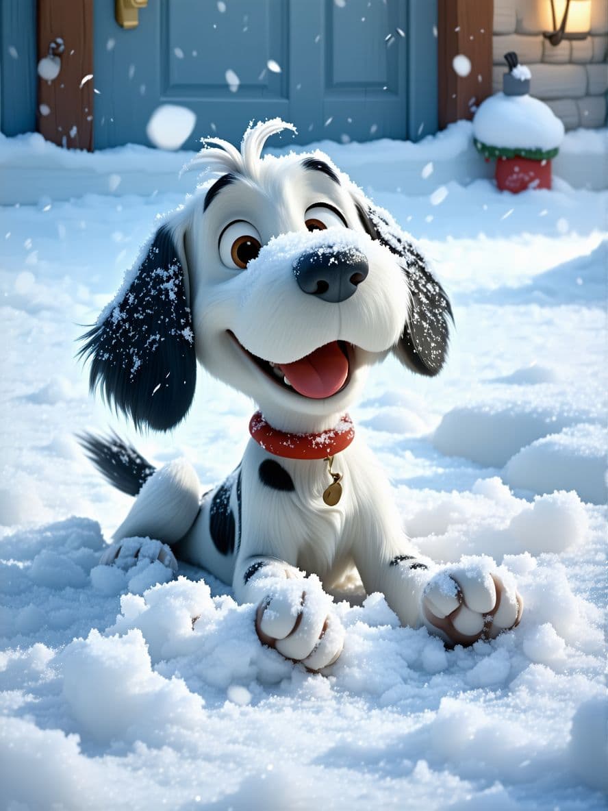AI generated: whimsical winter scene of Pixar style,bryce 3D,angle's view,a dog "Snoopy",classic cartoon character...