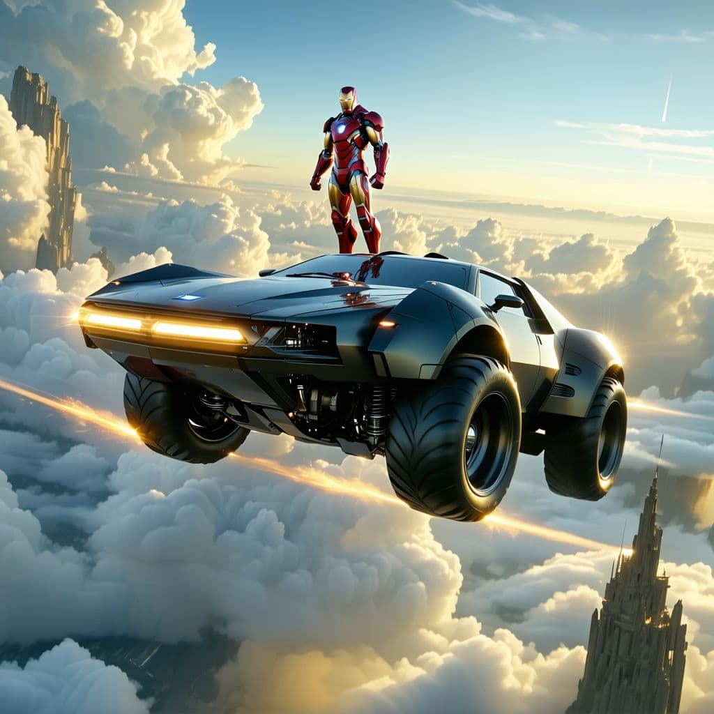 AI generated: An iron man controlling a flying car