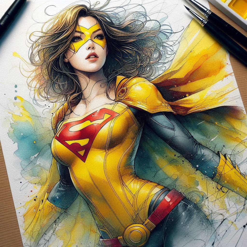 AI generated: a masterpiece, batgirl/supergirl from dc comic wearing alternate yellow costume, coy and alluring, f...