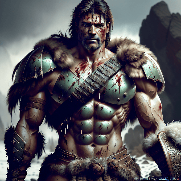AI generated: portrait of a A rugged ethereal  spartan muscular warrior, war pose, armor, fur pelt, , very detaile...