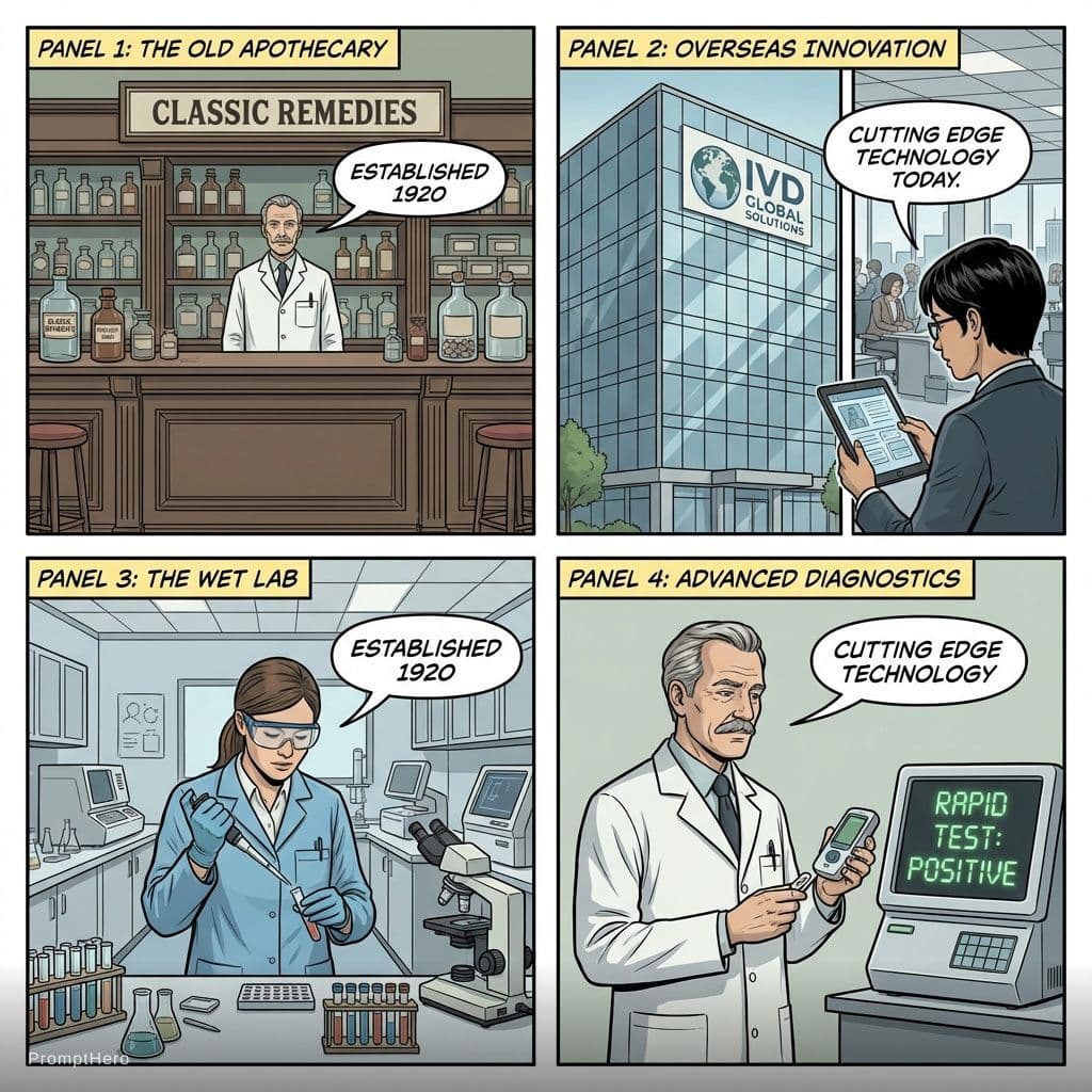 AI generated: Classic pharmacy  full-color comic pages with four pictures, a medical device company based overseas...