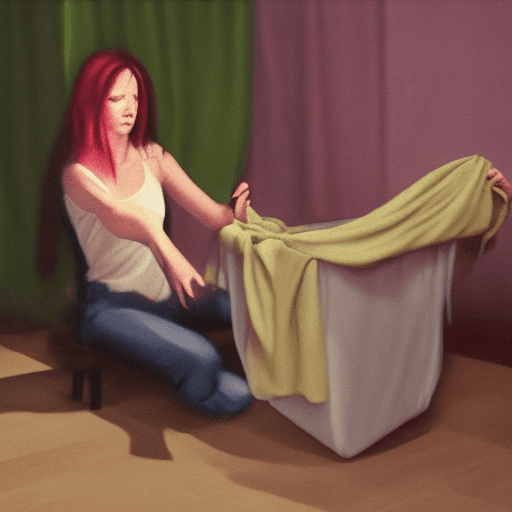 AI generated: Lilith demon folding laundry while watching tv, night time, Hyperrealism, noblur