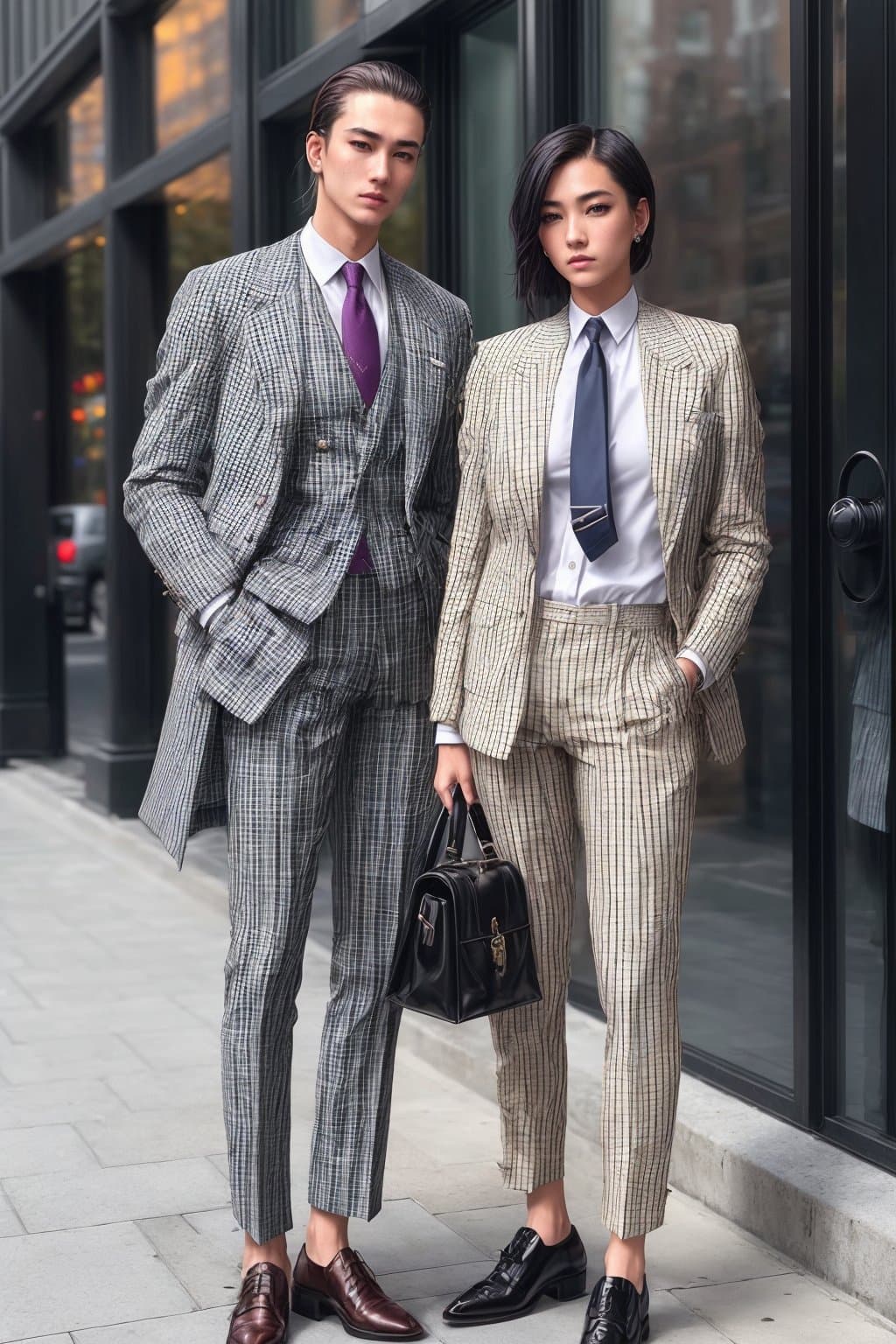 AI generated: young handsome investment bank managers standing on a sidewalk, summer, plaid business suit style, w...