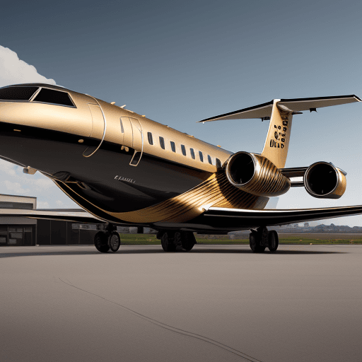 AI generated: A realistic image of a Bombardier Global 7500 exterior. The exterior is black and gold. 