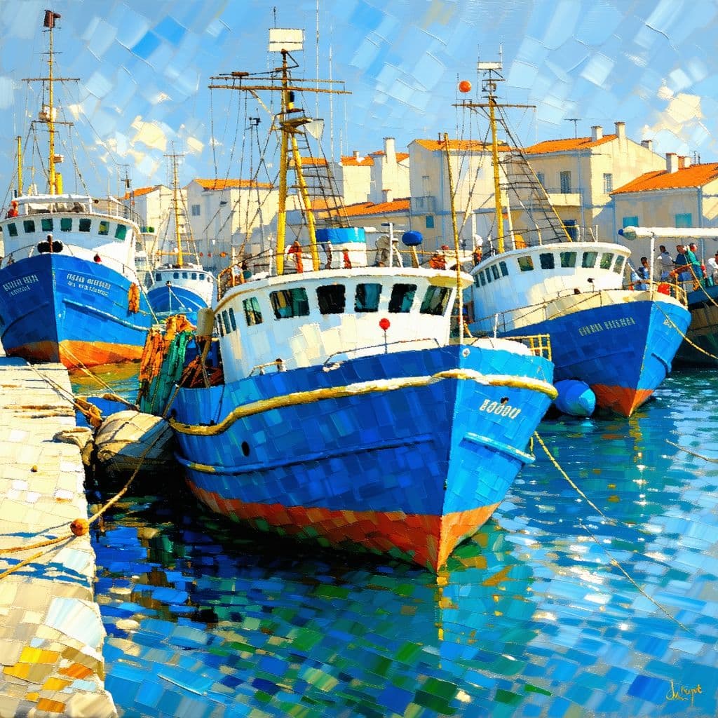 AI generated: boukaabka port, blue fishing boats a city scene, in the style of the snapshot aesthetic, claude mone...
