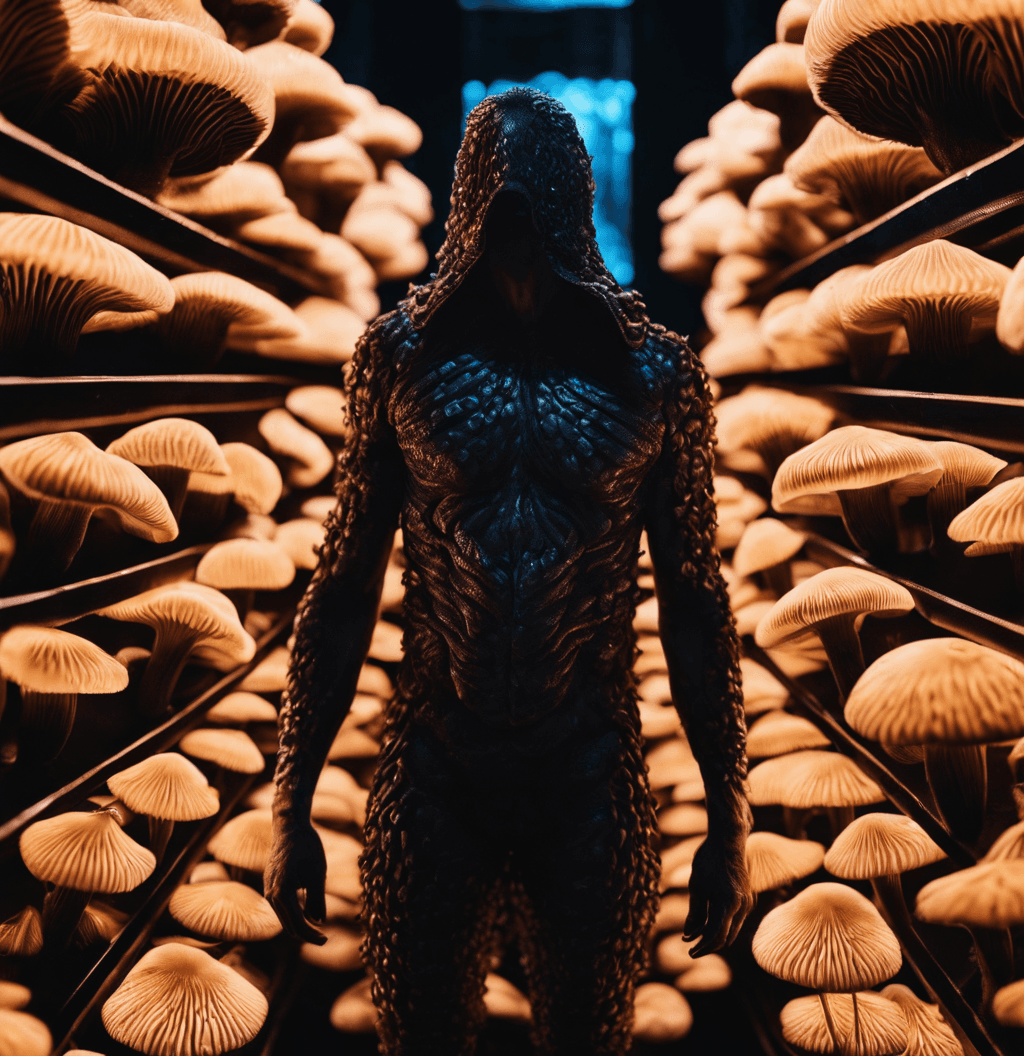 AI generated: A human form creature skin made of mushrooms, black background, neon light in gills inside mushroom,...
