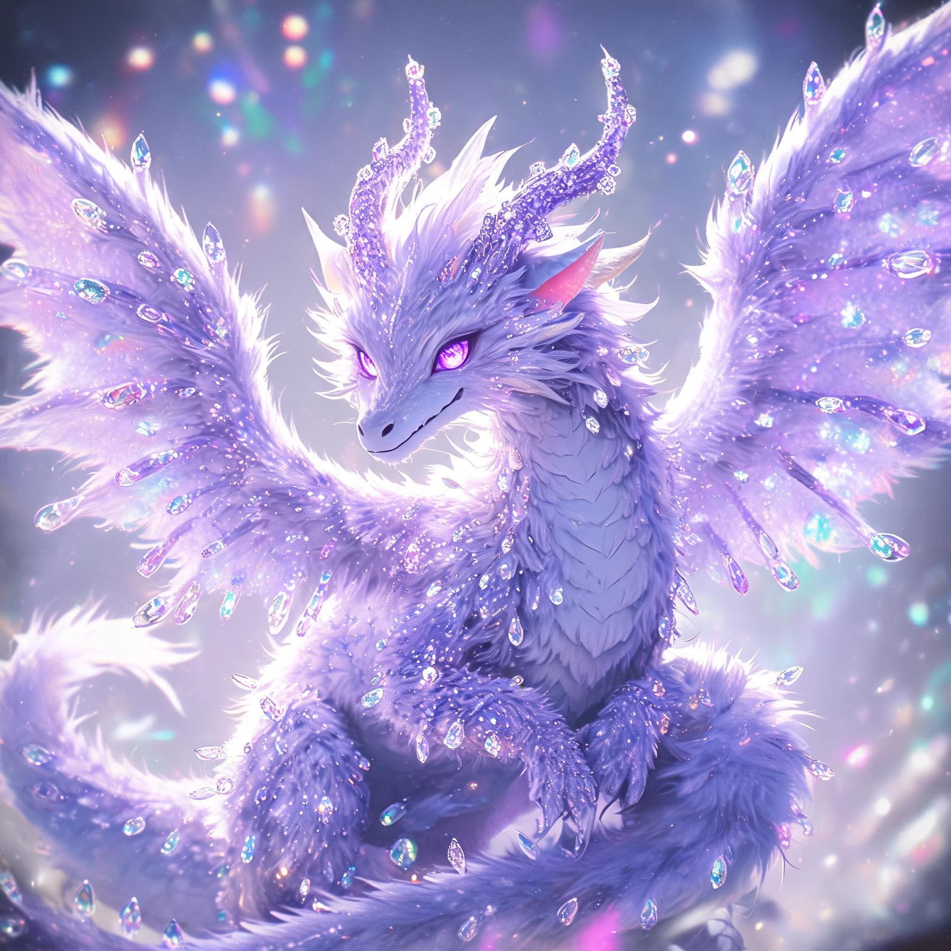 AI generated: A dragon made entirely of jewel-tipped fur texture, featuring ice purple coloring, illuminated by ir...