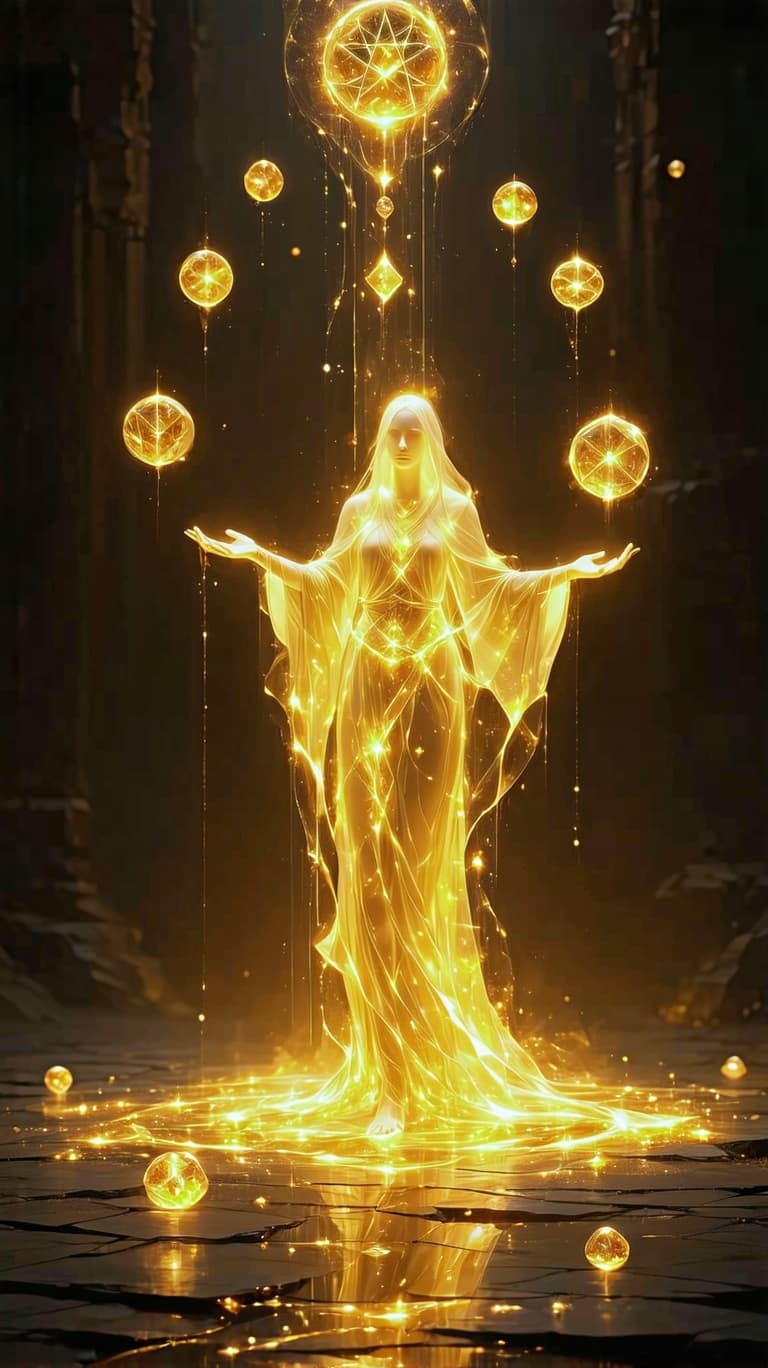 AI generated: A luminous golden guardian, their form woven from celestial silk and cosmic energy, stands atop a le...