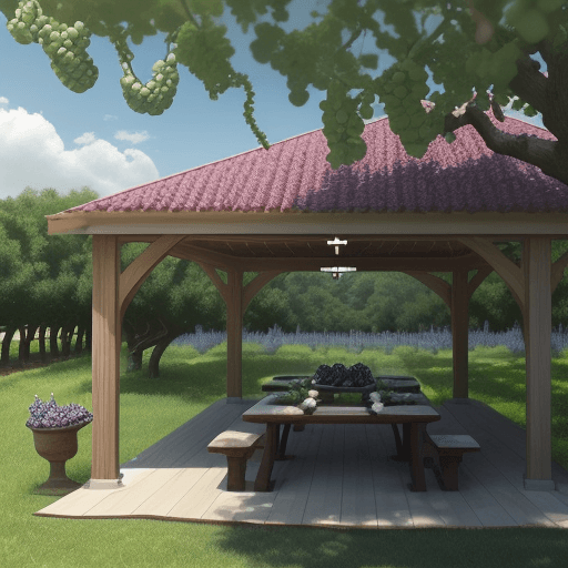 AI generated: view looking up from under an arbor on a slightly cloudy day with cerulean sky. grapevines and clust...