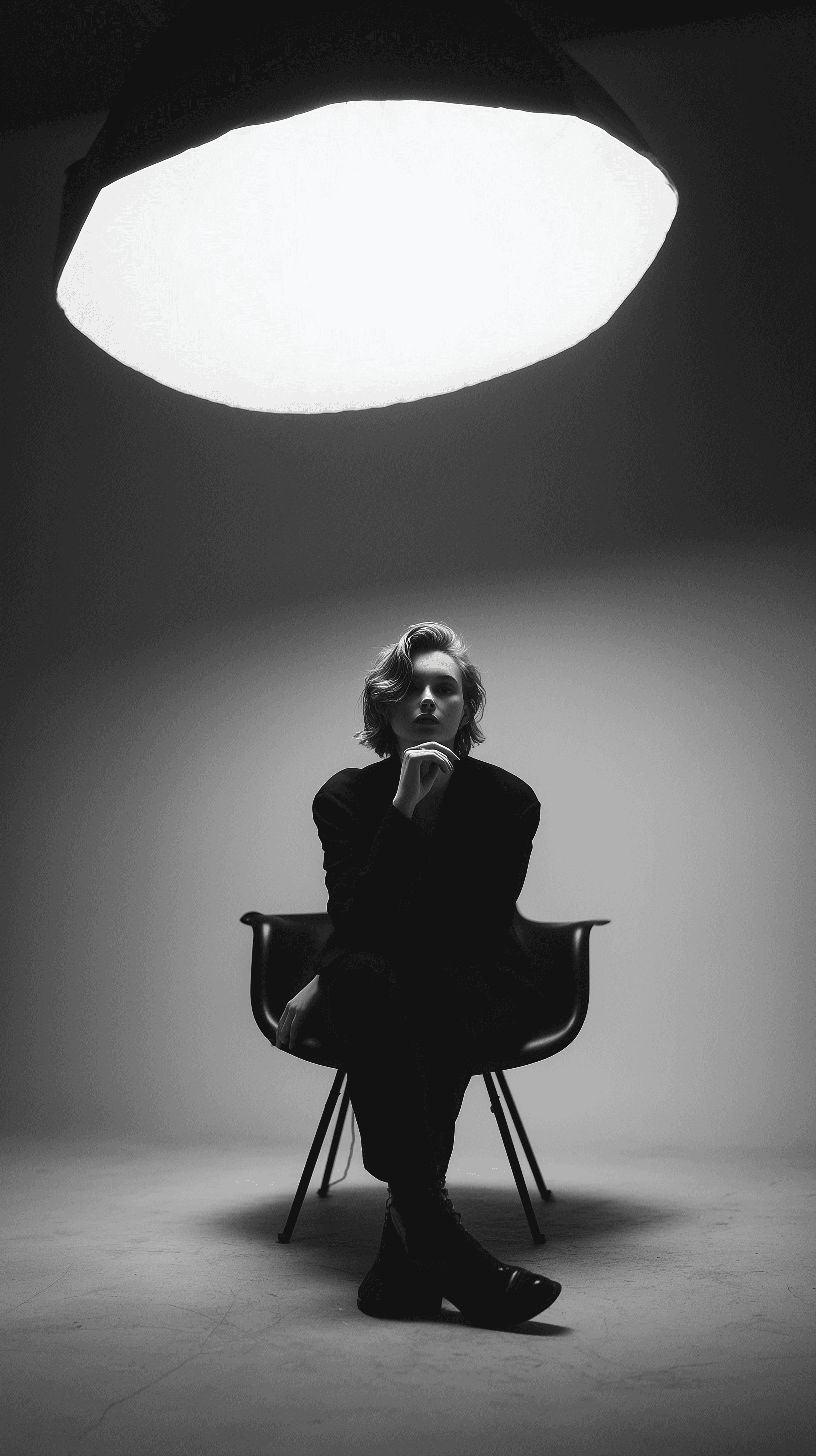 AI generated: high-contrast black and white fine art portrait photography, vertical composition with dramatic nega...