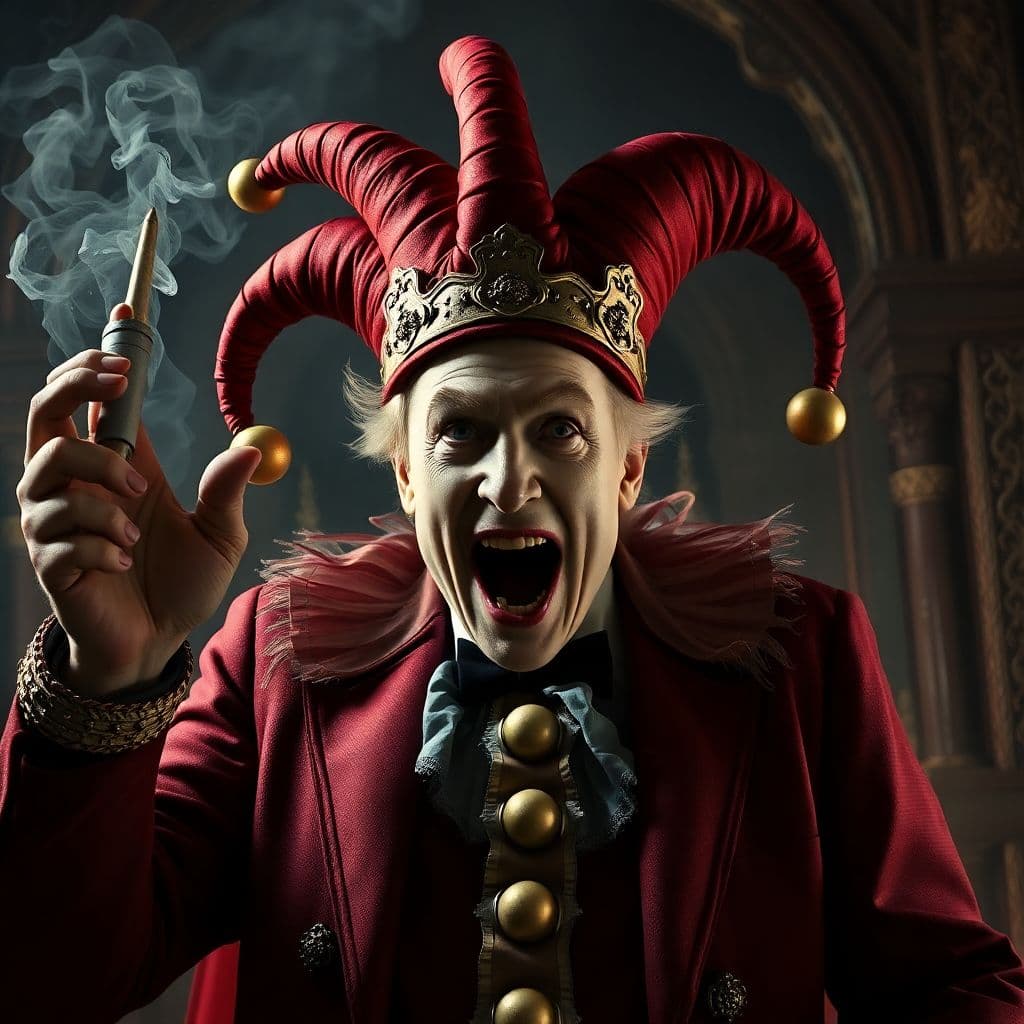AI generated: Highly detailed 8K depiction of Donald trump as a court Jester entering the gates of hell 
