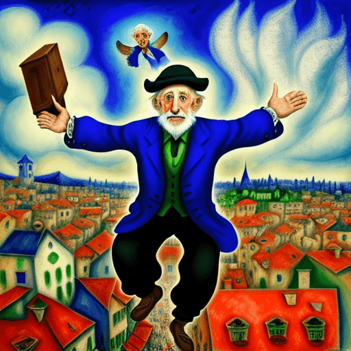 AI generated: Old Jewish man flying over the town, in the style of Chagall, expressionism, detailed, 4K