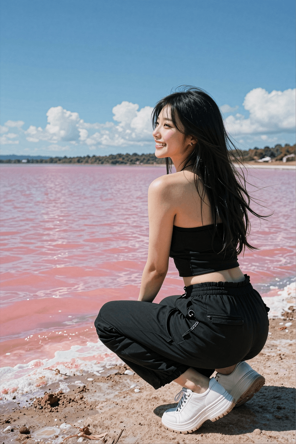 AI generated: The image is a high-quality, photorealistic travel portrait of a beautiful young Asian woman, captur...