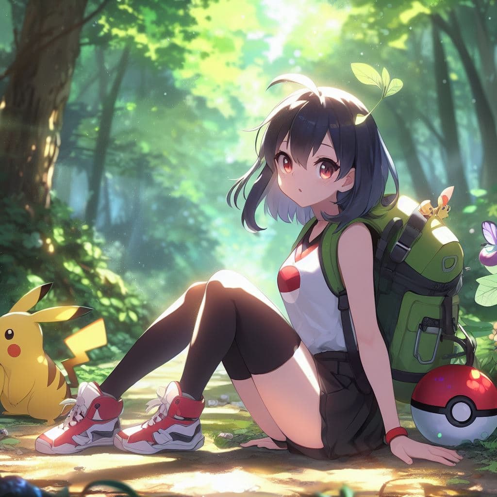 AI generated: anime girl sitting on the ground in the woods with a backpack, misty from pokemon, anime lush john 8...