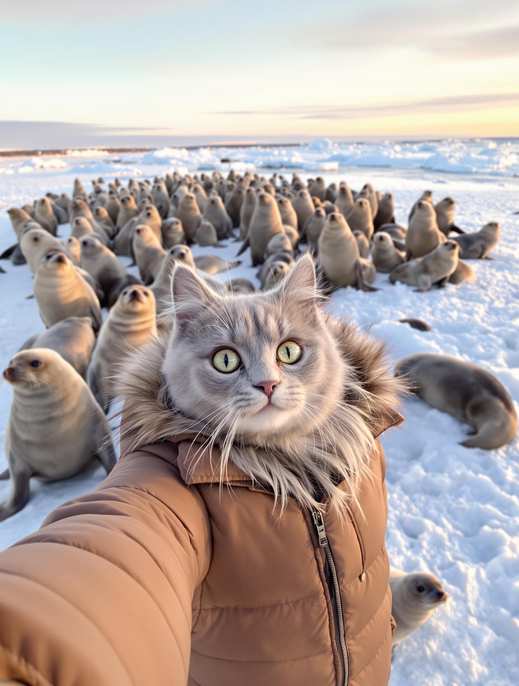 AI generated:  On the snow is an ice field with a lot of seals standing on it. A cute gray cat in a brown down jac...